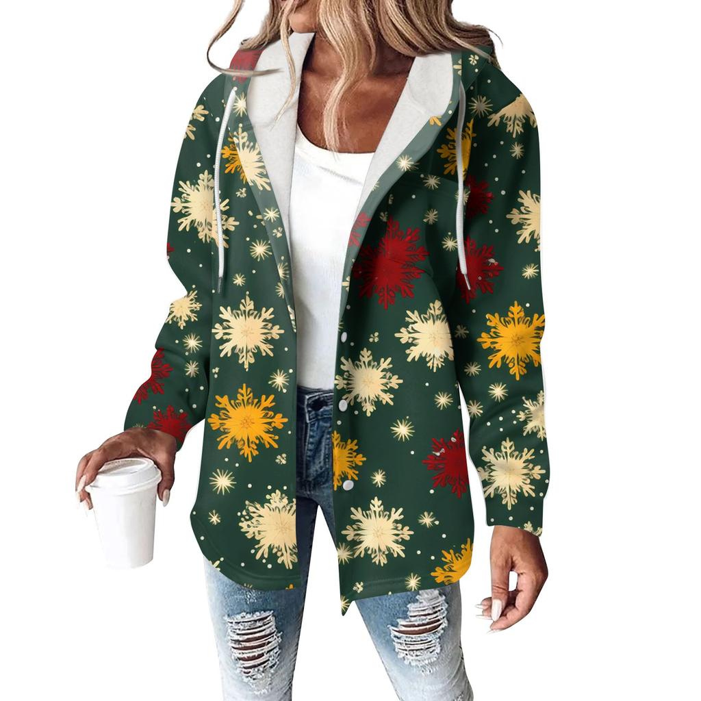 Hoodies For Women Winter Warm Sweatshirt Button Drawstring Hooded Print Jacket Coat