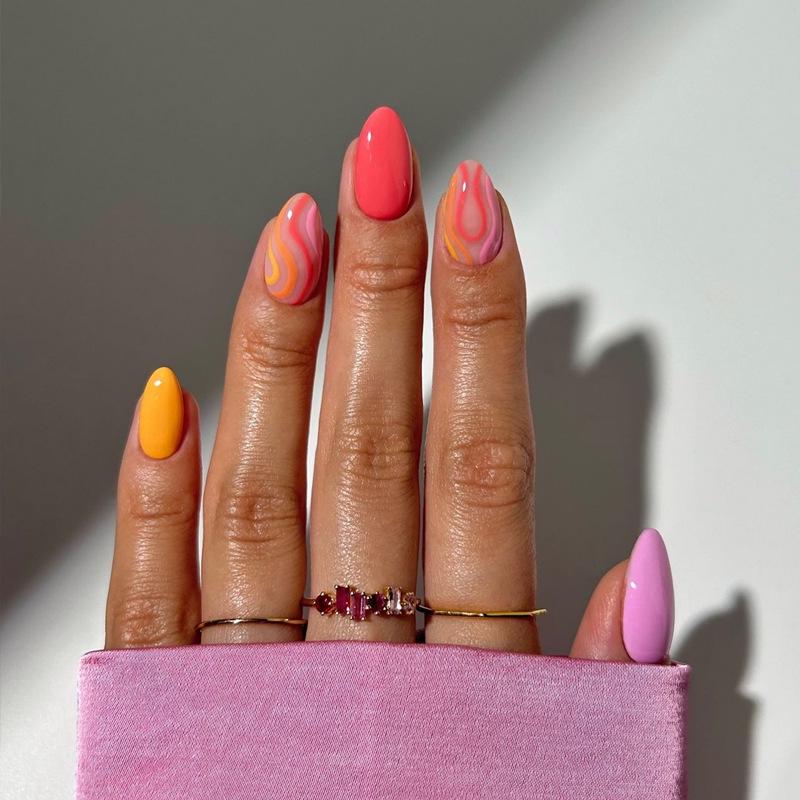 Colorful Striped Water Drop Fake Nail Tips for European & American Hot Girl Style
