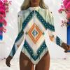 Women Plus Size High Neck Front Zip Long Sleeve Geometric Printed One Piece Swimsuit
