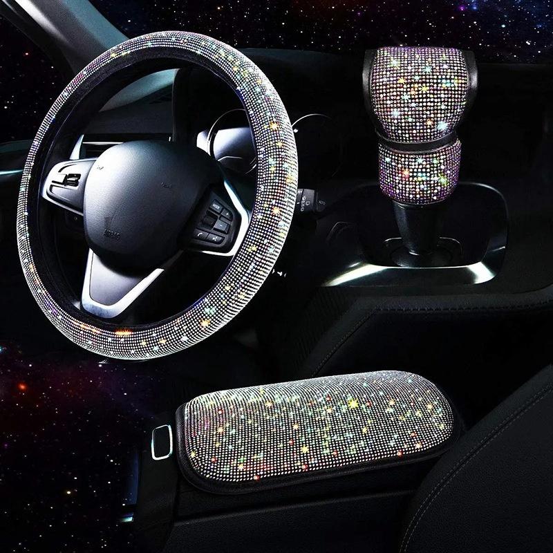 3Pcs Car Accessories Set for Women Steering Wheel Cover Gear Shift Cover Armrest Pad Mat Bling Auto Diamond Decortion Styling