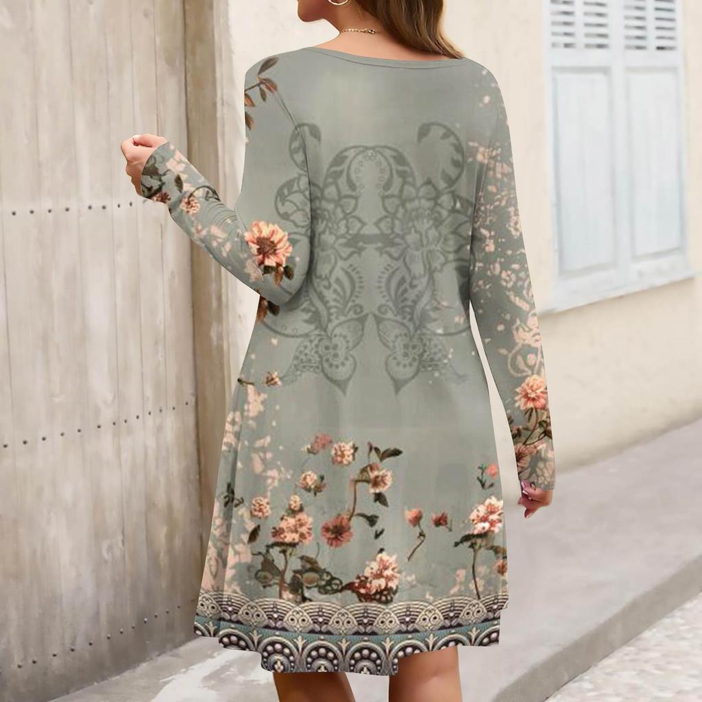 Plus Size Women's Gradient Print Casual Spring/Autumn Pocket Round Neck Long Sleeve Dress