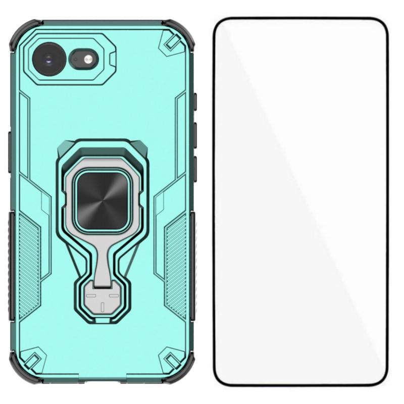 For iPhone 16e Phone Case WANLONFENG PC TPU Back Cover Kickstand with Tempered Glass