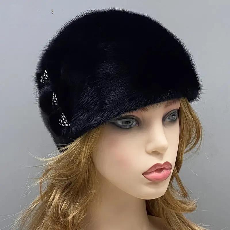 Winter Hats for Women Natural Mink Fur Luxury Beanie Hats Female Skulls Cap Windproof Snow Outdoor Cap