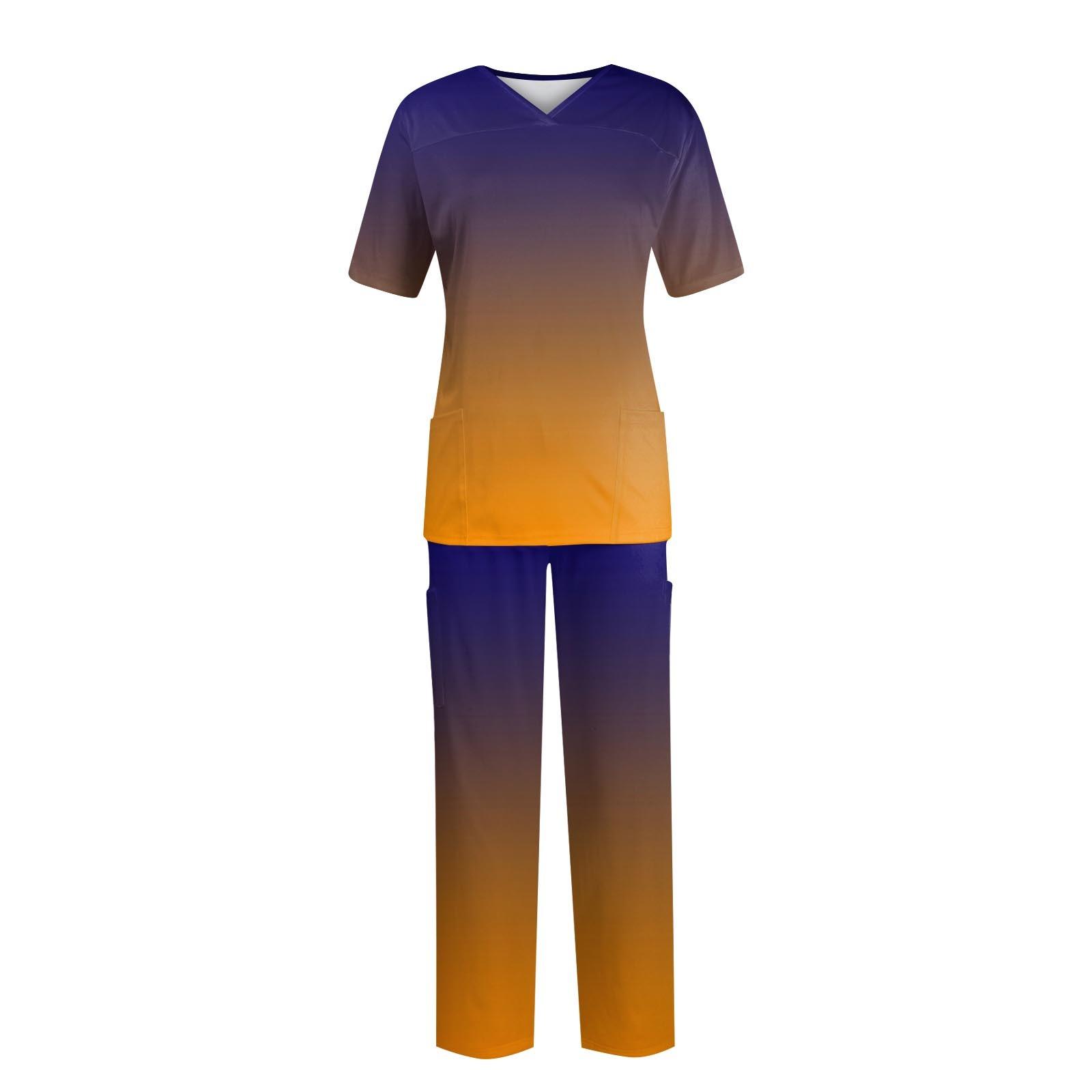 

Женский топ с коротким рукавом и v-образным вырезом + брюки, рабочий комплект, свободные повседневные футболки с короткими рукавами, топ и длинные брюки, спортивный костюм M оранжевый