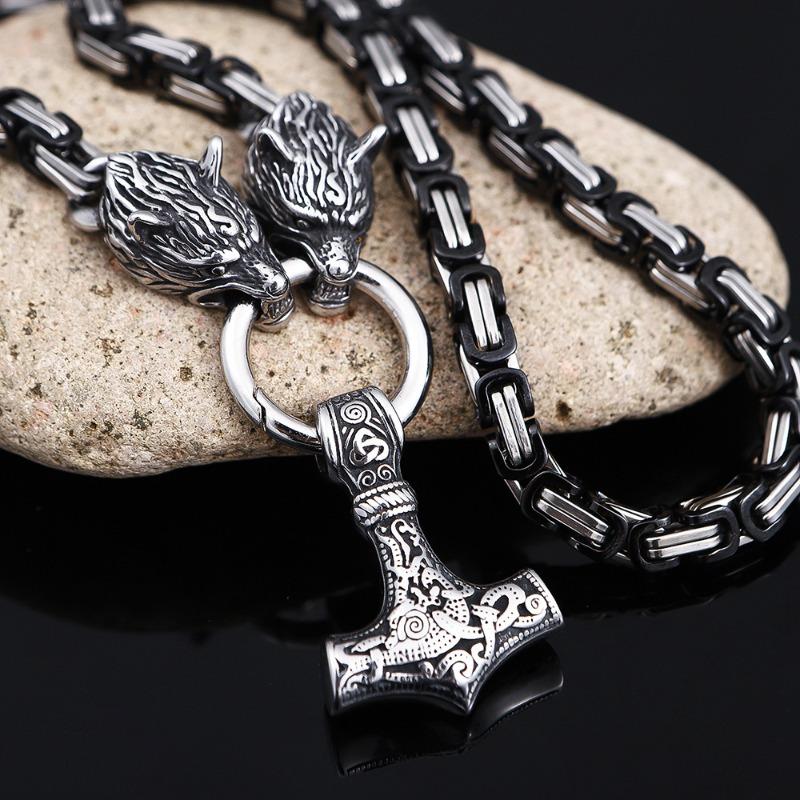 Nordic Viking Mythology Thor Hammer Pendant Necklace Room Black Emperor Chain Wolf Head Necklace Men's Stainless Steel Jewelry Necklace Gift