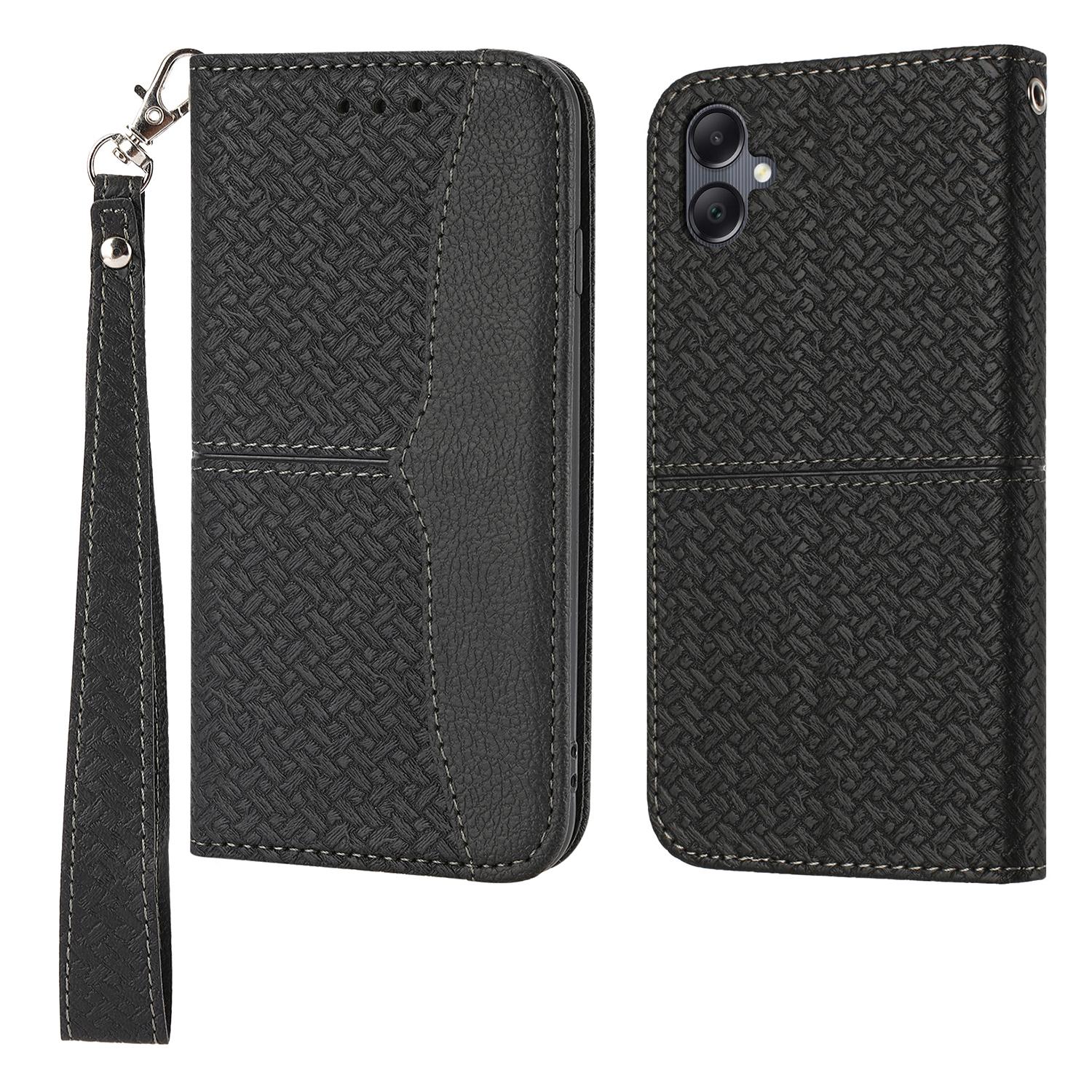 

For Samsung Galaxy A07/A06 4G/5G Case Woven Texture PU Leather Wallet Phone Cover with Wrist Strap Black