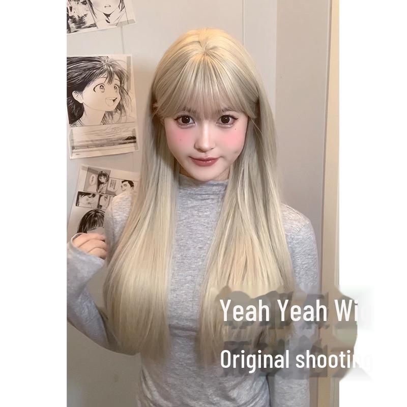 Yeye Platinum Long Straight Lolita Wig for Round Faces - Full Head, Net Red Style for Women