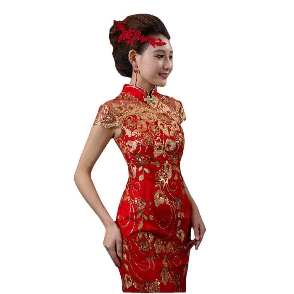 Robe de Toast de Mariée 2022: Robe de Mariée Cheongsam Rouge Rétro Coupe Ajustée Sirène