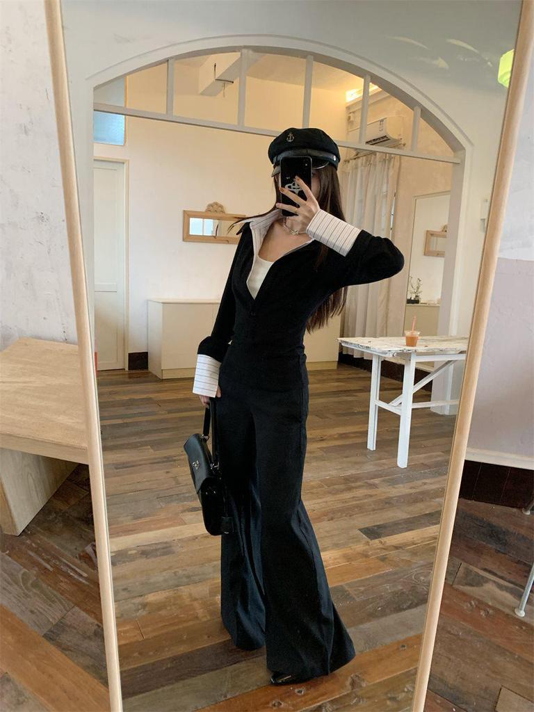 Damen Stricktop zur Taillenformung - Umlegekragen, Langarm, Fake-Zweiteiler-Design