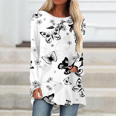 Plus Size Women Spring Butterfly Printed Comfy Long Sleeve Round Collar T-shirt Casual Baggy Mid Length Tee Tops