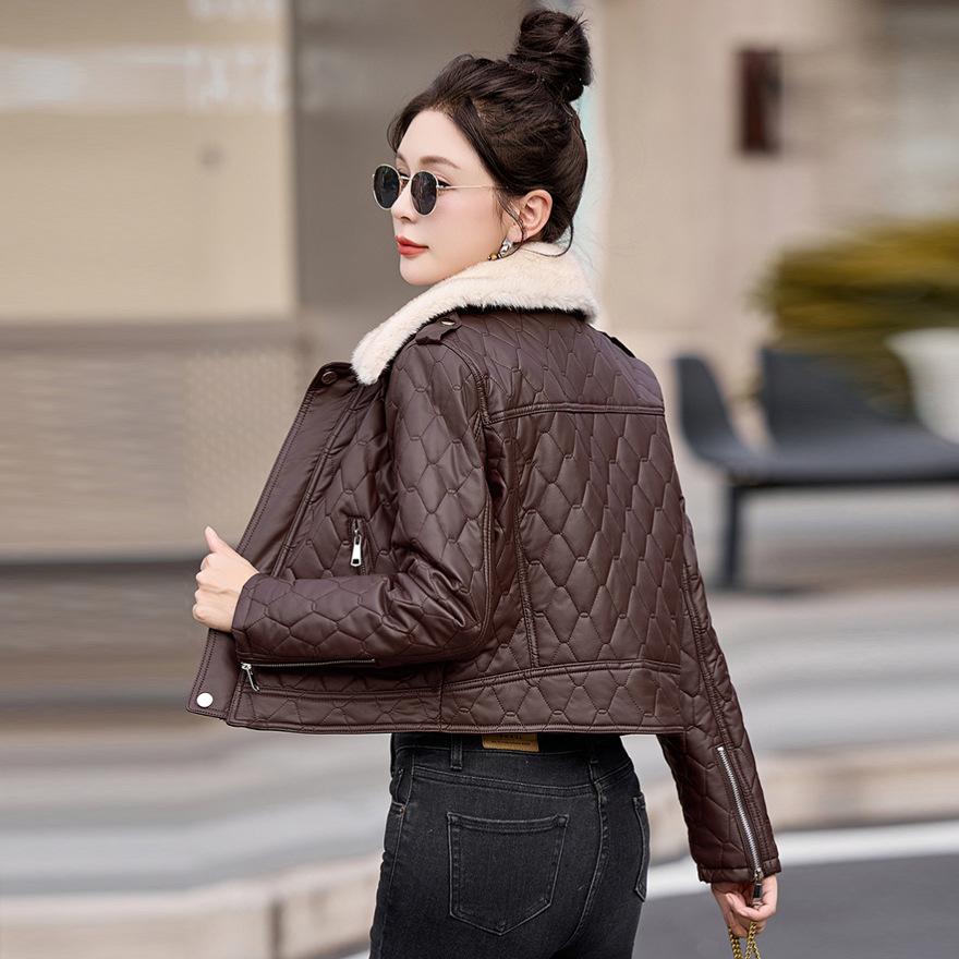 Popular fur collar fleece leather jacket women's short winter new small motorcycle jacket cotton coat