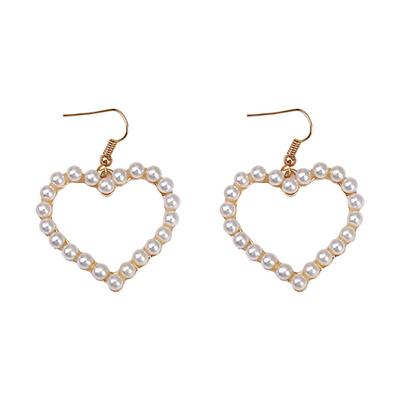 Brincos Statement Coração de Amor Liga de Metal Pérola Sintética Corrente Pendente Gancho Drop Ear Joias Presente para Mulheres