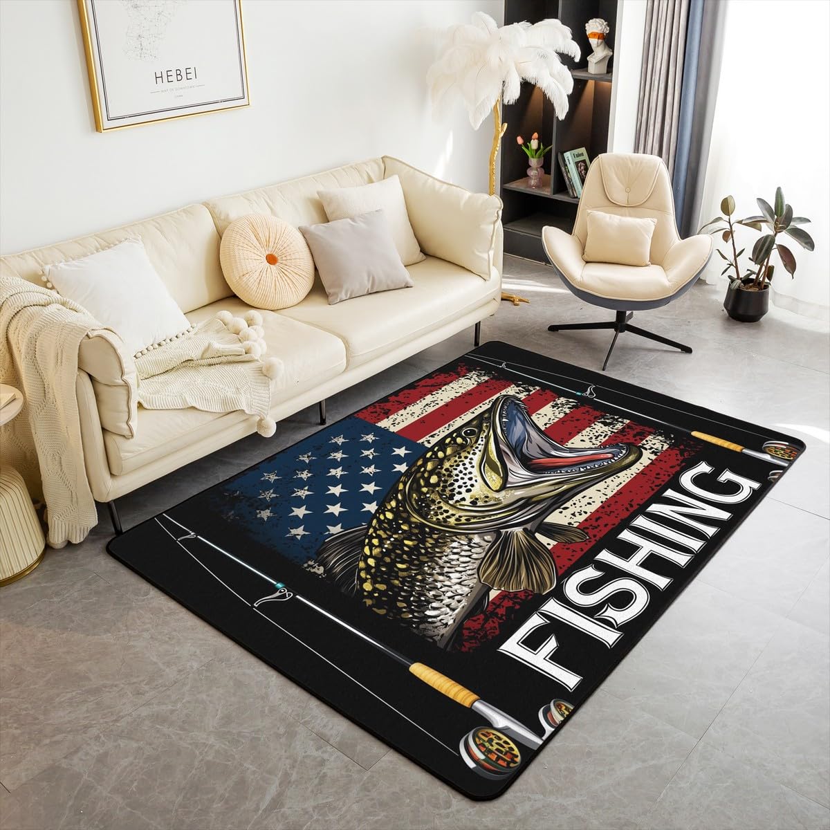 

Erosebridal Fish Hunting Area Rug 3x5,Vintage American Flag Non Slip Indoor Floor Mat,Fishing Rod Bass Fishing Carpet for Dining Room Under 160cm x 200cm