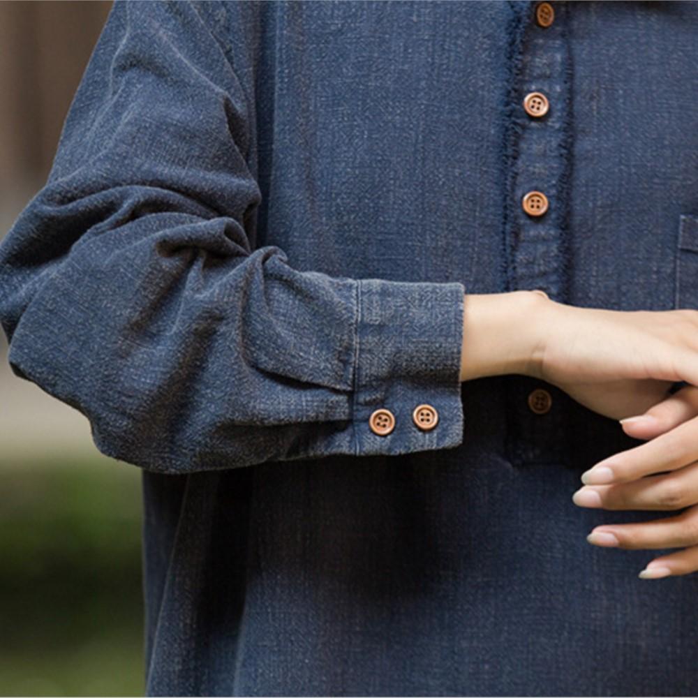 Johnature Women Vintage Shirtdress Turn-down Collar Long Sleeve Autumn Solid Color A-Line Dress