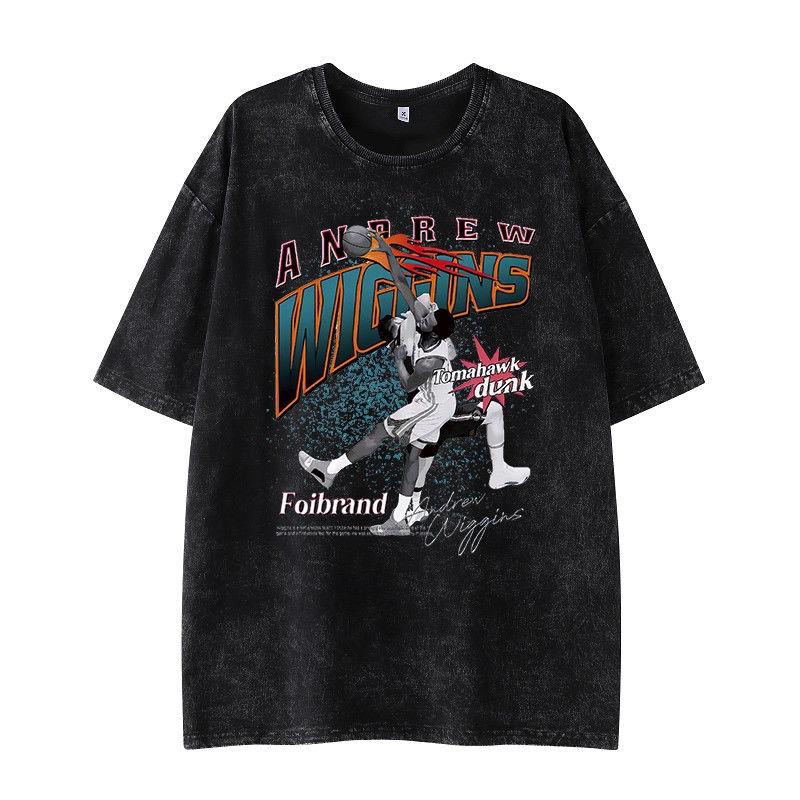 Amerikanisches Basketball Retro Ödland Feng Shui Washed T-Shirt Sternenprint Herren und Damen Mode Lässig Sport Gestapelte Oberteile Ins Trend