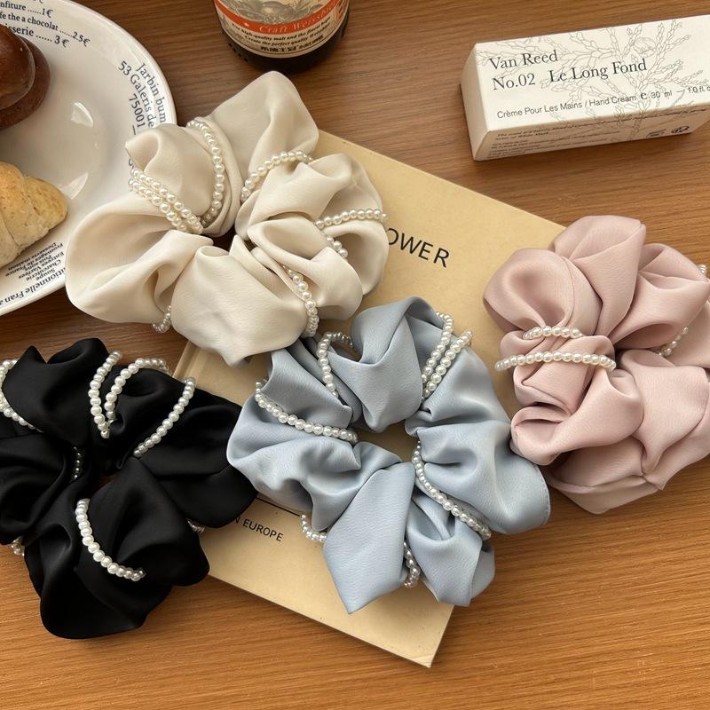 Sweet Pearl Satin Scrunchie For Women Black Silk Hair Bands Girls Big Elastic Hair Tie Ponytail Holder Hair Rope Headdress