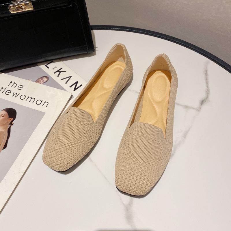 New square head woven geometric pattern soft sole shallow mouth knitted shoes flying knitted Doudou shoes