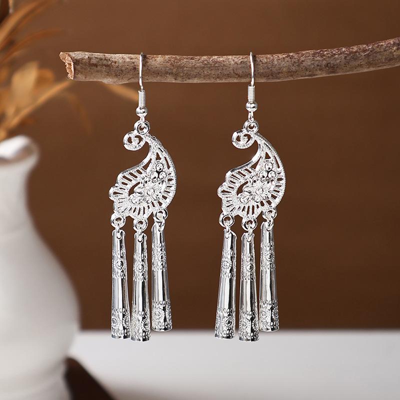 Ethnic Miao Silver Tassel Earrings - Retro Long Dangle Scenic Studs for Women