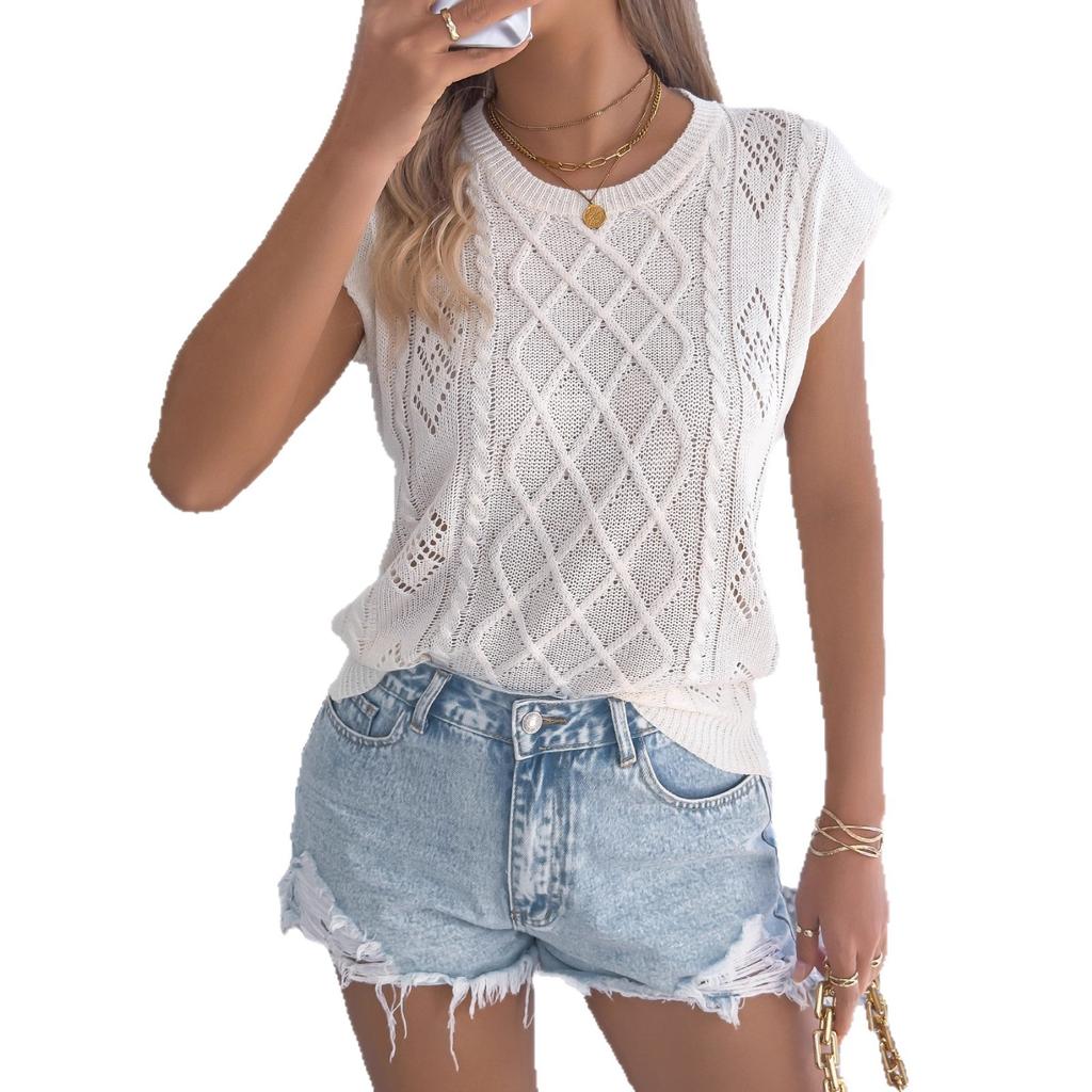Spring and Summer Openwork Twisted Batwing Sleeve Casual Loose Knit Top for Women