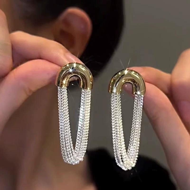 Luxury Exaggerated Metal Round Sequin Tassel Earrings for Women U-Shaped Big Elegent Personalized Party Girls Unusual Jewelry