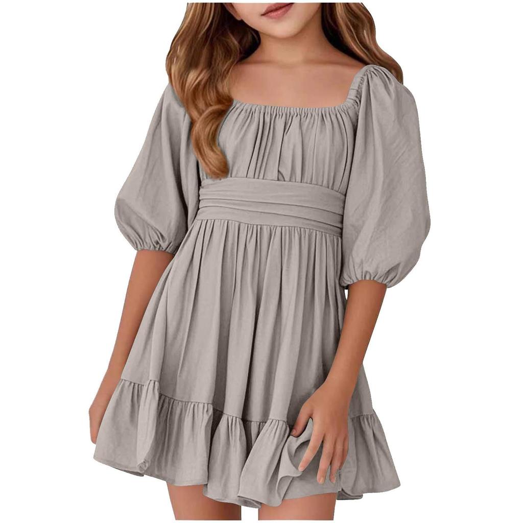 Summer Children's Ruffled Square Collar Lace-up Fashion Dress For Girls
