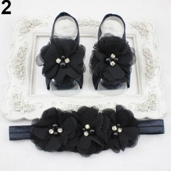 Cute Newborn Baby Infant Girl Rose Flower Headband + Barefoot Ring Sandals Shoes