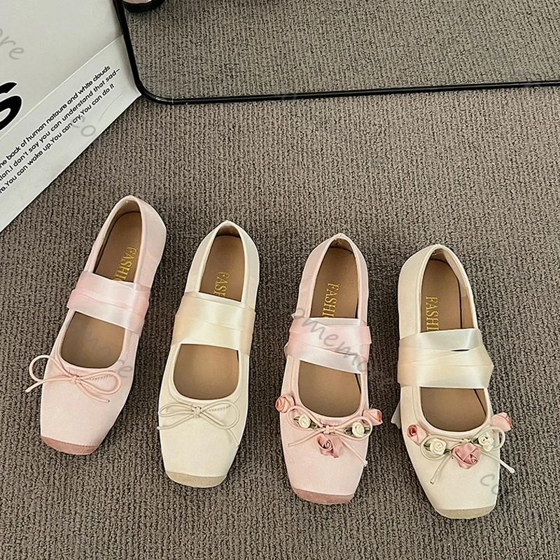 Fashion Comemore Lace Up Satin Silk Ballet Flats Woman Square Toe Bowknot Elastic Band Ballerinas Ladies Wedding Floral Mary Janes Shoes