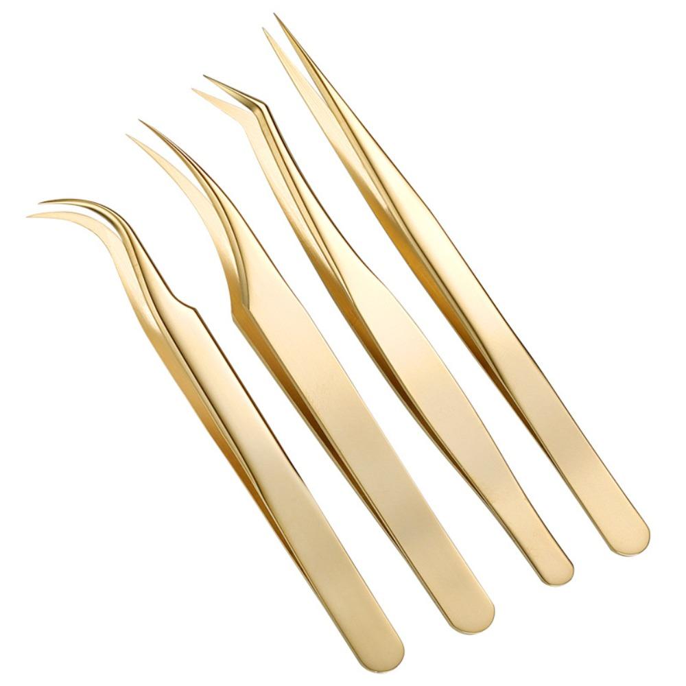 Durable Stainless Steel Lash Extension Tweezers Anti-Slip Gold Curved Tip Tweezers Straight Tweezers Makeup Accessories
