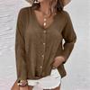 Women's Fashion Casual Solid Color V-Neck Live Button Long Sleeve T-Shirt Top