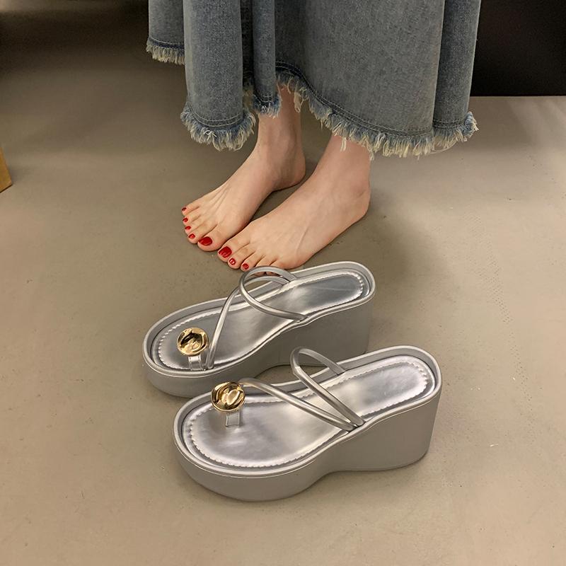 

2026 Summer Platform Wedges Heel Women Flip Flop Fashion Clip Toe Slippers Shoes Beach Vacation Female Slides 35 серебряный