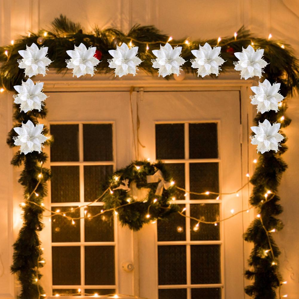 12Pcs Christmas Flowers Glitter Artificial Poinsettia Floral with Clips Xmas Tree Ornaments DIY Garlands Home Wedding Party Deco
