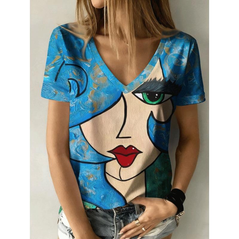 Women's Summer Casual V-neck Short-sleeved T-shirt, with Fashionable 3D Print, Suitable for Outings or At Home