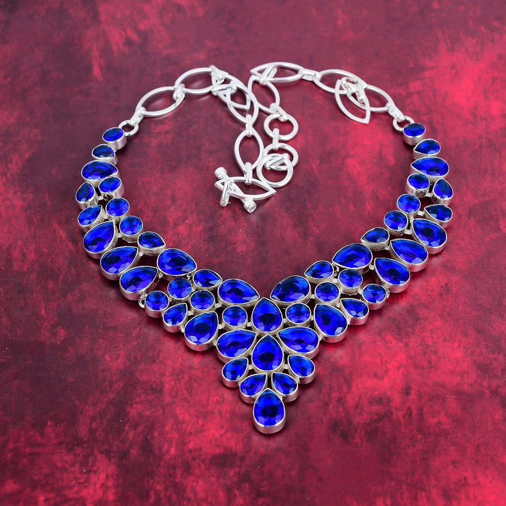 Blaue Saphir Halskette, handgefertigte Edelstein Halskette, 925 Sterling Silber Halskette Antiker Schmuck, Für Verlobungsgeschenk
