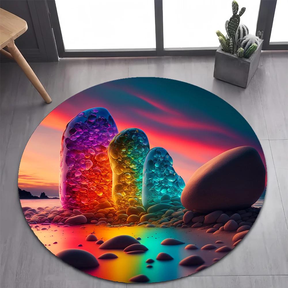 2025 New Style Colorful Pebble Rainbow Road Beach Stone Round Carpet Rug for Bedroom Living Room Decoration,pet Decor Floor Mat
