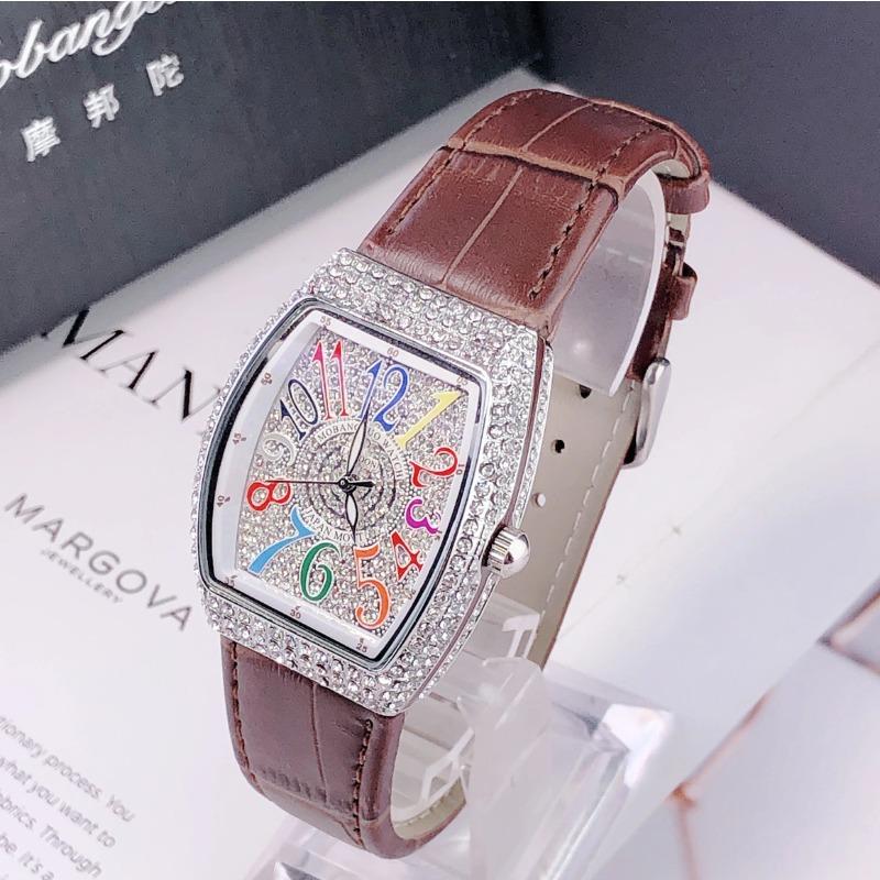 Luxusní dámské hodinky s křišťály a diamanty, barevný obdélníkový ciferník, kožené quartzové hodinky, hodiny, unikátní design, náramkové hodinky
