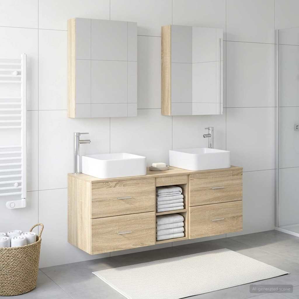 5 Piece Bathroom Furniture Set Sonoma Oak Engineered Wood and Glass