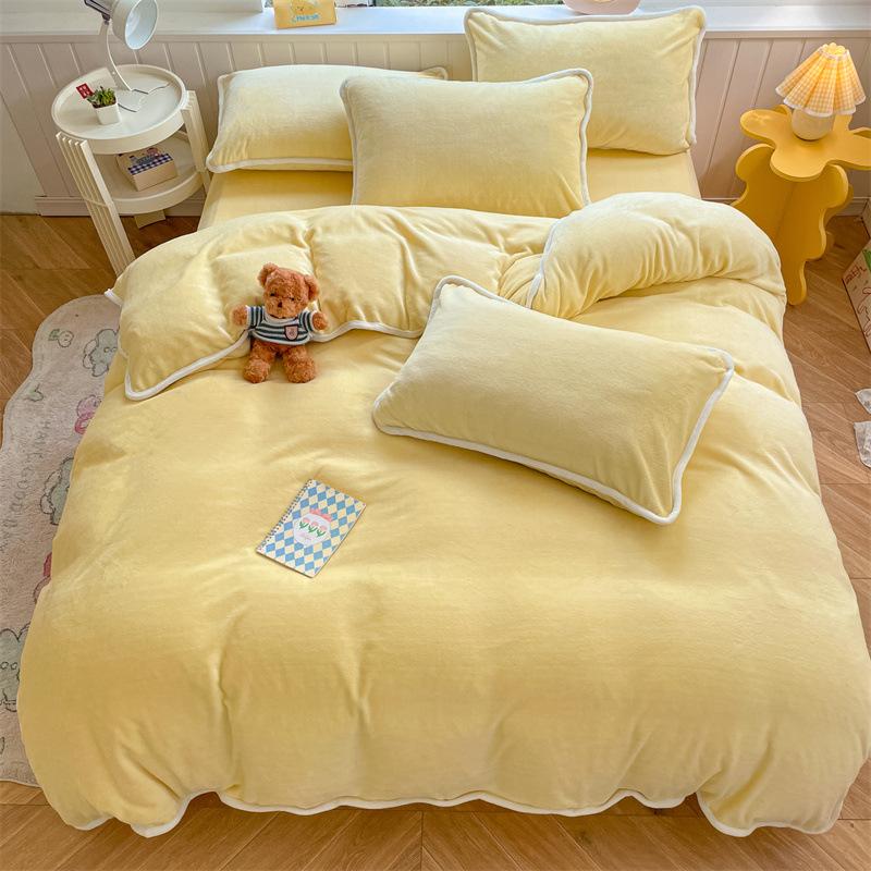 Crem dublu culoare solidă, catifea de lapte, cu tivită mare, cearșaf de pat din patru piese, husă de pilota set de trei piese lenjerie de pat husă de pilota