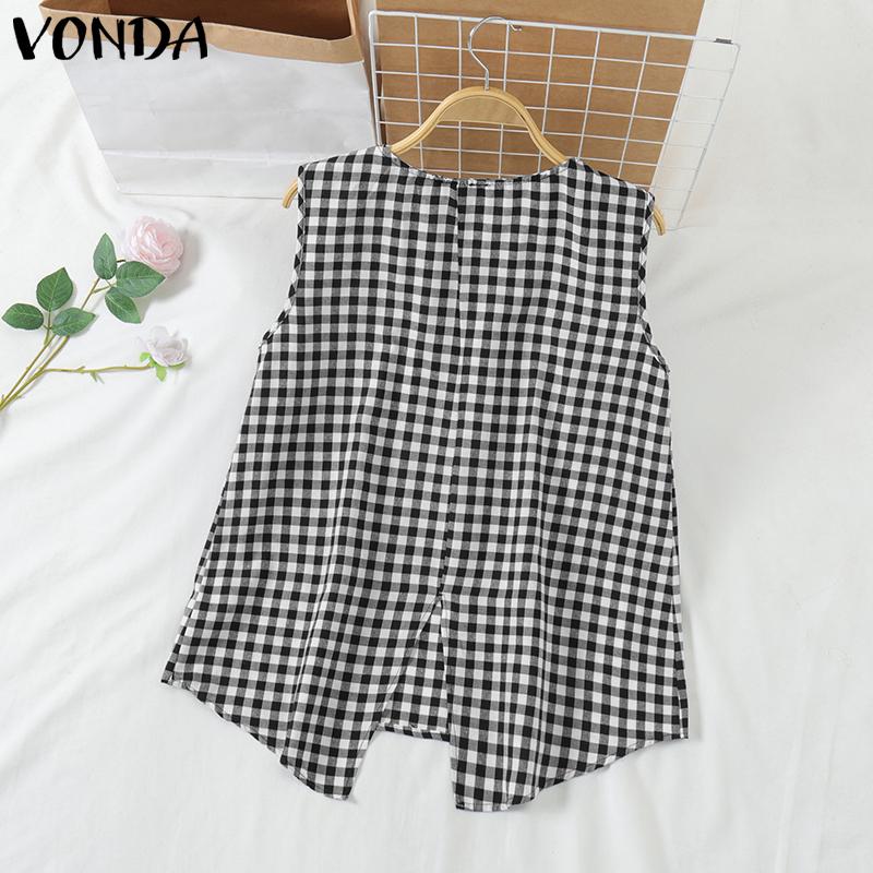 VONDA Summer Women Sleeveless Plaid Print Irregular Tank Tops T-shirts