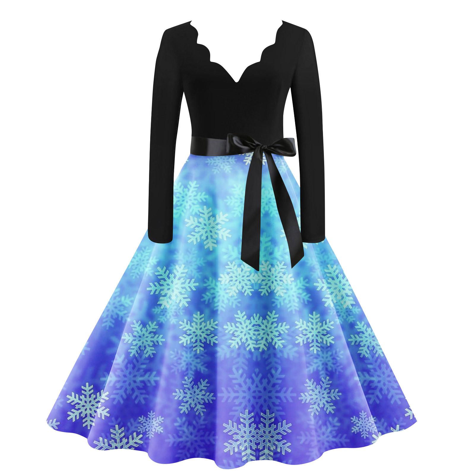 

Женское винтажное классическое платье с воротником на талии, бантом, длинными рукавами, рождественским принтом, V-образным вырезом, свободное платье L