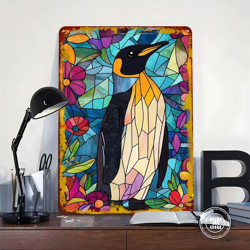 Stained Glass Penguin Poster Customized Wall Art Vintage Metal Signs Retro Tin Plaque for Man Cave Gaming Room Decoration Cozy