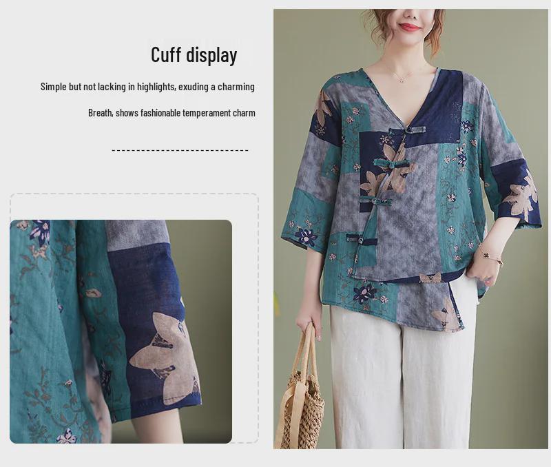 2022 Summer V-Neck Asymmetrical Cotton Linen Shirt - Printed, Plus Size, Mid-Length Sleeves, Retro Women's Fashion