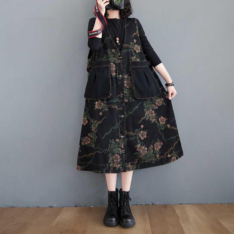 Plus Size Women Dress Vintage Elegant Lady Vestido Sleeveless Floral Print Denim Spring Jeans Dress 2021 Female Clothing