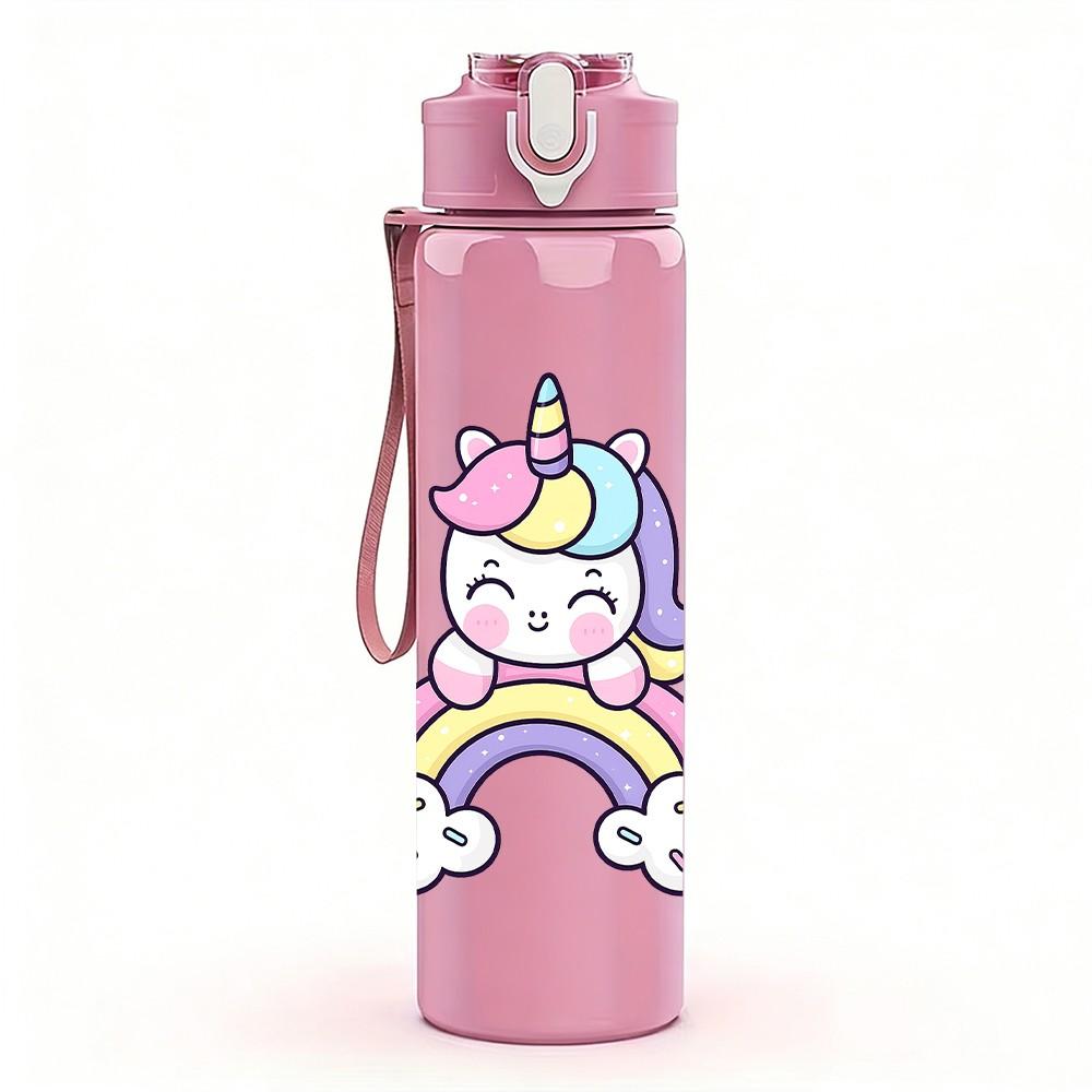 1PC Unicorn Cartoon Pattern 750ml Color Plastic Sports Water Bottle Leakproof Flip Straw Lid Suitable for Sports Office Home Use