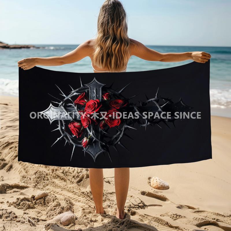 Gothic Thorn Rose Cross Beach Towel Patterned Sunscreen And Windproof Suitable For Swimming Pool Camping Travel Blanket