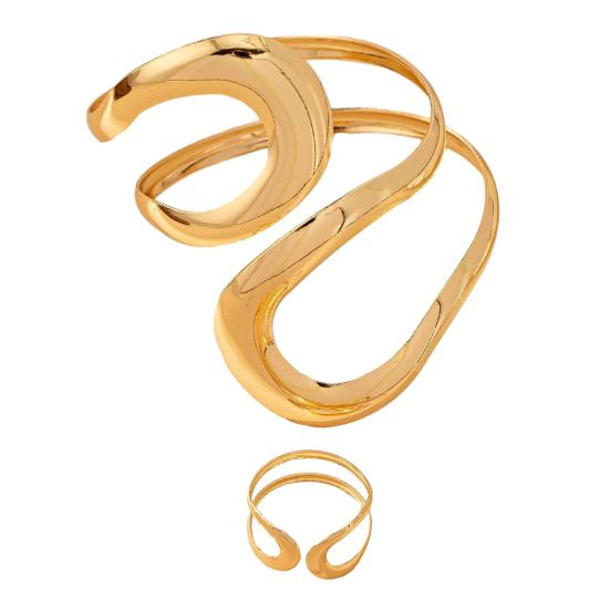 2Pcs/Set Bracelet Ring Set for Women, Adjustable Opening Design Bangle, High-Gloss Mirror Finish Ring, Irregular Geometric Shape Jewelry Set
