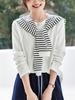 Women's Long Sleeve White Combed Cotton T-Shirt with Striped Knit Shawl - New Style for Spring 2026.