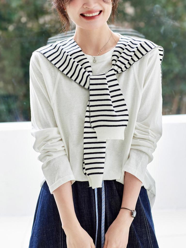 Women's Long Sleeve White Combed Cotton T-Shirt with Striped Knit Shawl - New Style for Spring 2026.