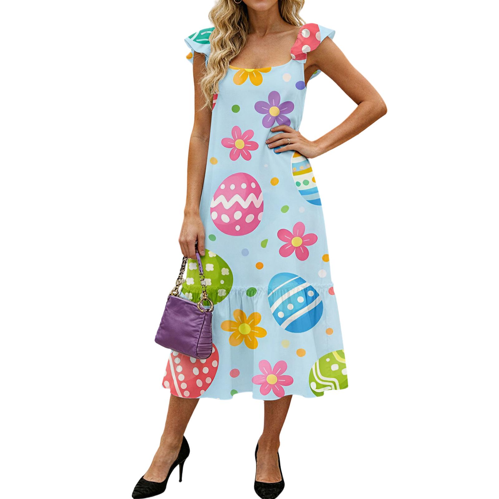 

Women s Fashion Loose Mid-length Ruffled Flying Sleeve Easter Print Dress XL небо синє кольору