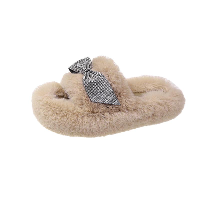 

2025 Autumn New Home Furry Slippers Women s Three-Dimensional Bow Plush One-Line Indoor Cotton Slippers 40