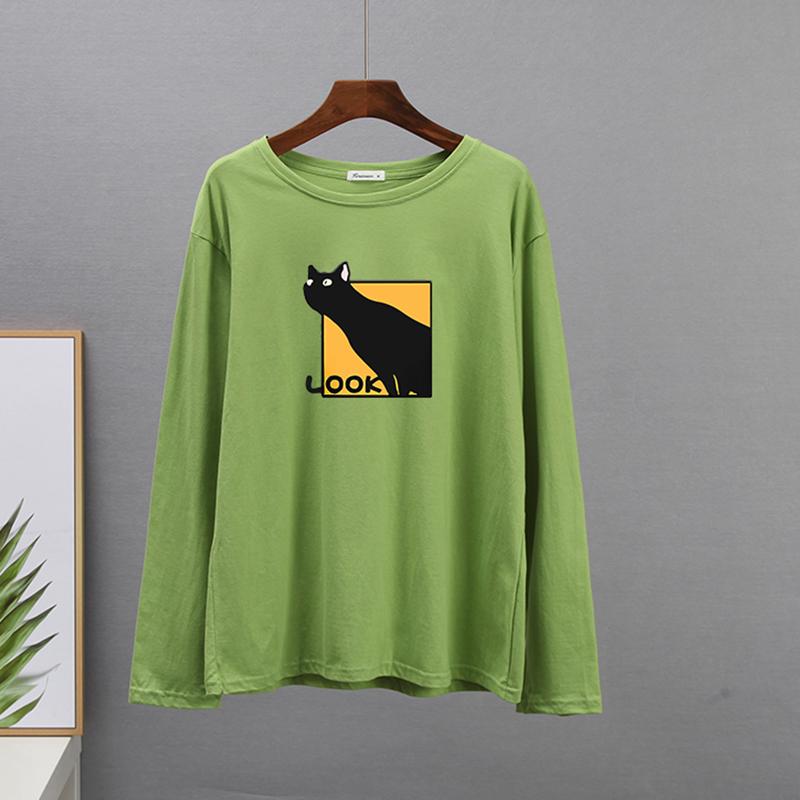 Hirsionsan Casual Loose T Shirt Women Spring New Simple Cute Cat O-neck Tees Female Fashion Long Sleeve All-match Tops for Girls